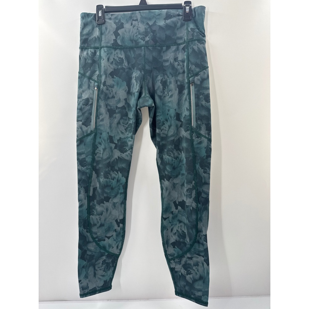 Athleta Rainier Printed Tight Teal Floral Pinstripe Leggings Large Pockets 2607